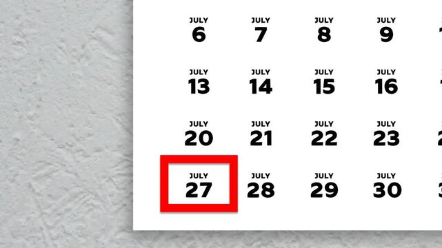 Red cursor highlighting July 27th on a 2026 wall calendar page