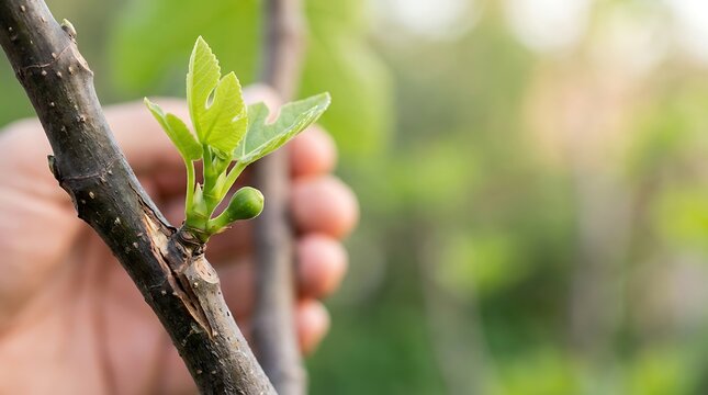 Hand inspecting new green fig leaves and fruit on a branch in spring