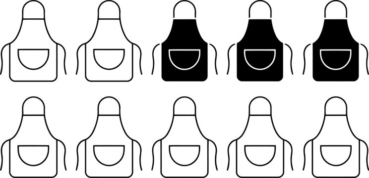 Collection of ten white and black apron icons with single pocket kitchen cooking