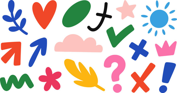 Colorful Abstract Shapes Hearts Leaves Sun Clouds Arrows Stars Question Mark Checkmark X