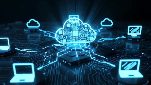 A glowing blue cloud computing icon integrated into a digital circuit board with connected laptop devices