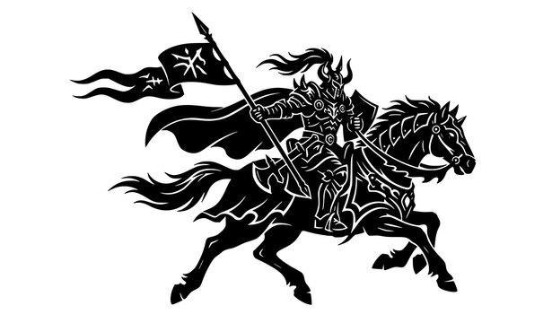 Fantasy warlord black silhouette riding galloping horse with battle banner medieval knight game emblem vector