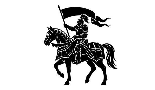 Black silhouette medieval paladin on armored horse with banner fantasy warlord game icon vector illustration