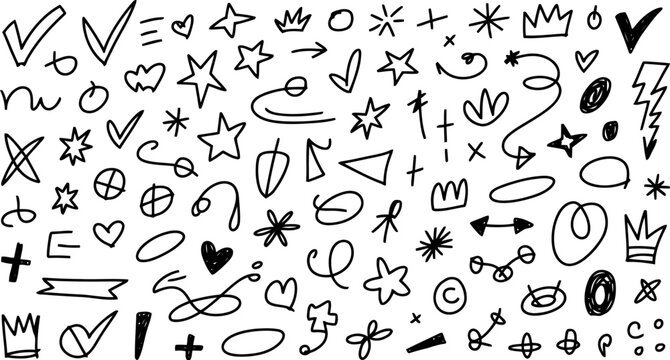 Diverse black hand-drawn doodle icons and symbols on a white background sketch drawing