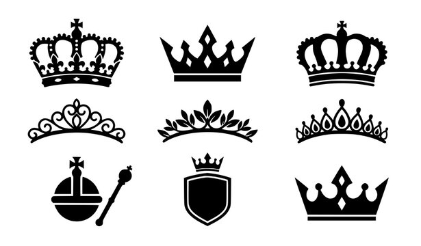 Black Silhouette Royal Crown and Tiara Icon Set with King, Queen, and Princess Symbols for Luxury, Fashion, and Royalty Designs