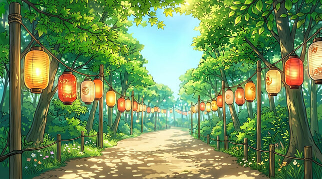 緑豊かな木々と提灯が調和した夏祭りイラストです。
木漏れ日が差し込む爽やかな雰囲気を表現しています。