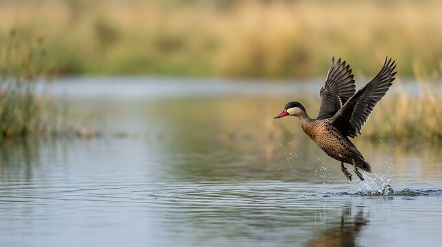 Red billed duck taking flight from a calm wetland pond