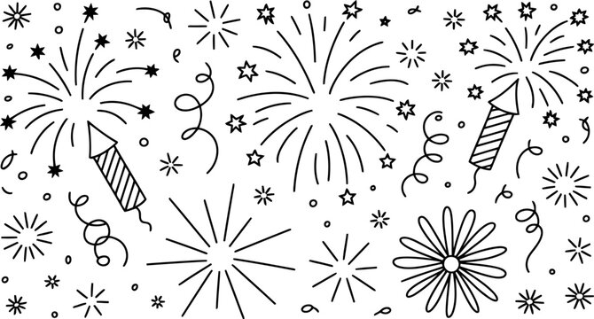 Hand Drawn Fireworks and Confetti on White Background Festive Celebration 