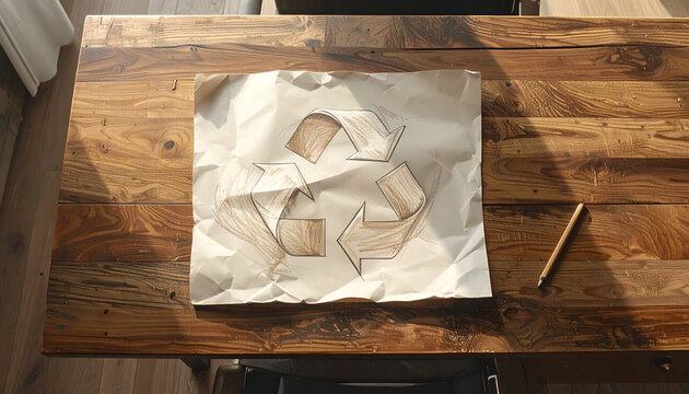 Top-down view of a hand-drawn recycle symbol on crumpled brown craft paper over a wooden table. Represents zero-waste initiatives, highly effective for sustainable packaging concepts and eco branding