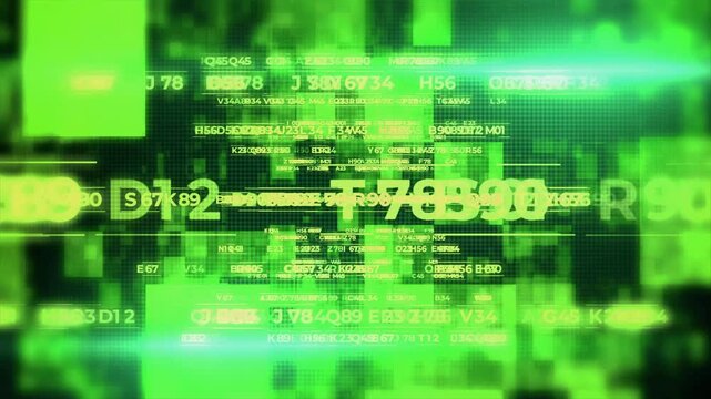 Digital data stream background featuring glowing green alphanumeric code in a fast moving motion video clip