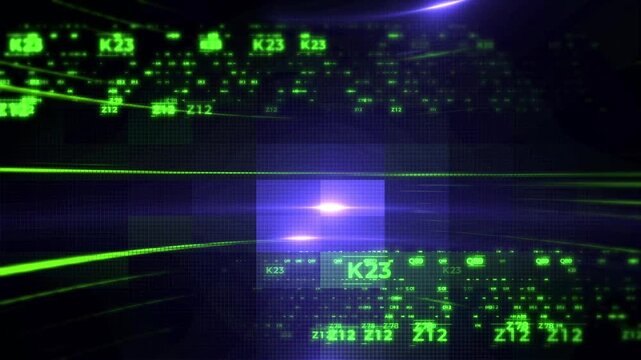 Glowing green digital data streams moving across a dark blue grid background in motion video footage