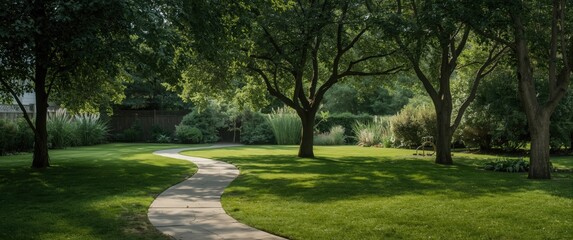 Obraz premium Winding pathway through a lush green garden