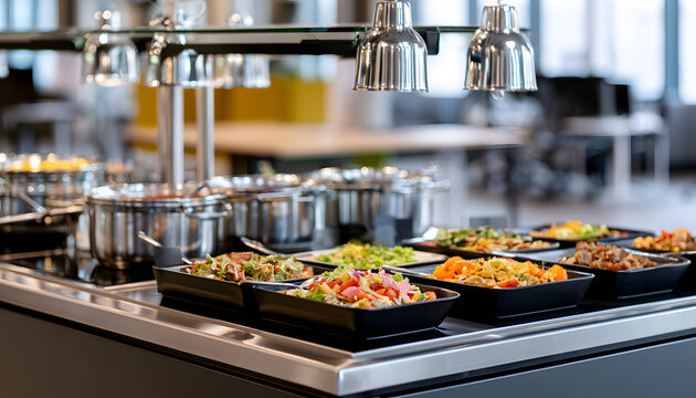 Medium shot of a vibrant tech hub corporate lunch buffet featuring sleek hot food stations and branded cold dishes. The blurred office environment is in the background.