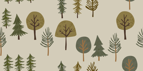 Seamless Scandinavian forest pattern with stylized pine trees and woodland trees arranged in an elegant scattered layout on a warm beige background, minimalist Nordic inspired repeat design in earthy © tanya