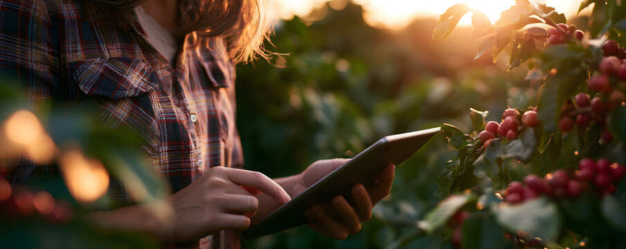Woman uses a tablet computer in a coffee plantation during sunset. She checks crop data on a mobile device near red coffee berries. Technology aids sustainable farming practices and harvest monitoring