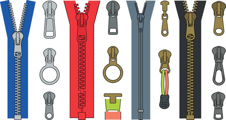 Zipper vector collection featuring open and closed fabric zips colorful metal plastic teeth and slider pull tabs elements isolated on white background © RUBINA