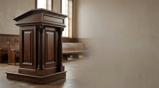 Classic dark wood pulpit standing in a traditional hall