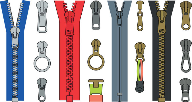 Zipper vector collection featuring open and closed fabric zips colorful metal plastic teeth and slider pull tabs elements isolated on white background