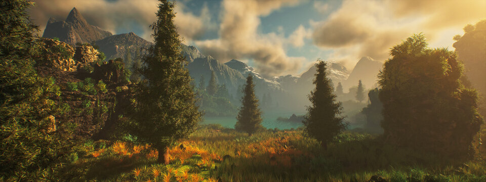 Mountain lake scenery with trees and other lush vegetation under a blue sky with some clouds. Picturesque foggy landscape. 3D rendered still image.
