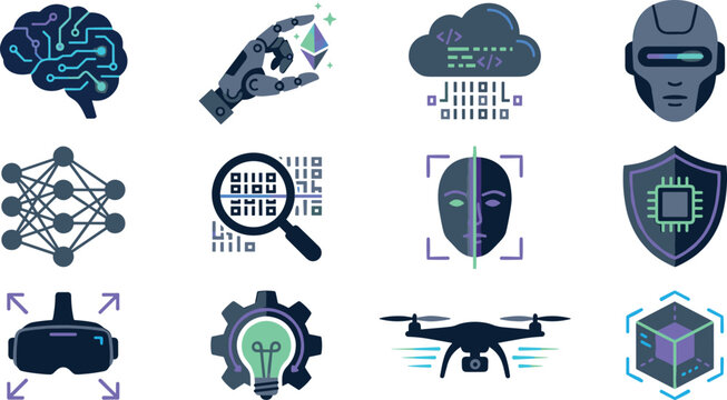Artificial intelligence and futuristic technology vector icons set featuring cyber brain robot head neural network face recognition drone and virtual reality headset