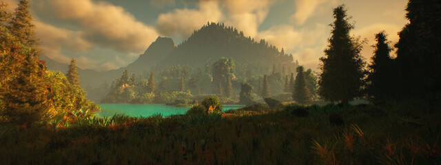 Mountain lake scenery with trees and other lush vegetation under a blue sky with some clouds. Picturesque foggy landscape. 3D rendered still image. © ysbrandcosijn