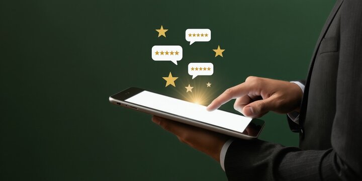 Man in suit uses tablet displaying star ratings and feedback bubbles. Customer satisfaction and online review concepts are visualized. Positive user input builds brand reputation and success.