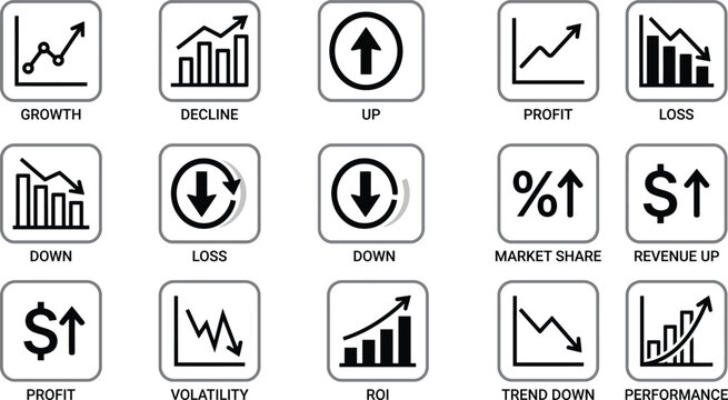Financial Growth and Decline Icons with Up and Down Arrows and Percentage Symbols in Black and White Vector Illustration