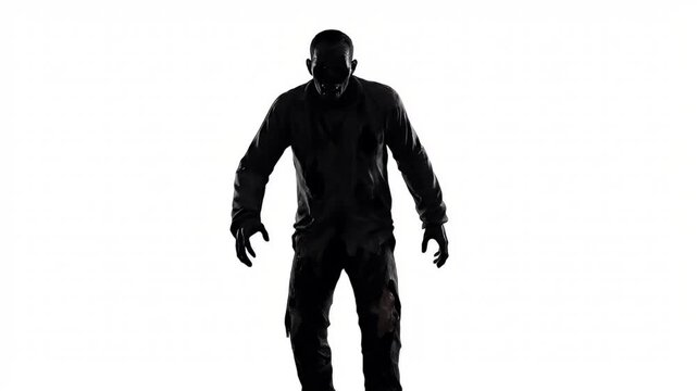 A mysterious male silhouette standing in a threatening zombie pose against a bright white studio background