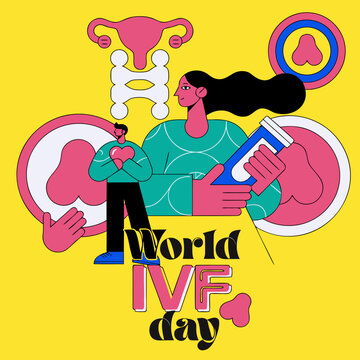 World ivf day illustration with woman holding medicine and male figure with heart