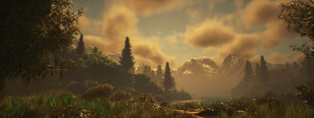 Mountain lake scenery with trees and other lush vegetation under a blue sky with some clouds. Picturesque foggy landscape. 3D rendered still image. © ysbrandcosijn