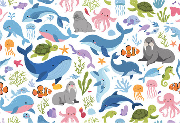 Cute Ocean Animals Seamless Pattern with Whales Dolphins Turtles Octopus Jellyfish Walrus and Colorful Marine Life © Momota