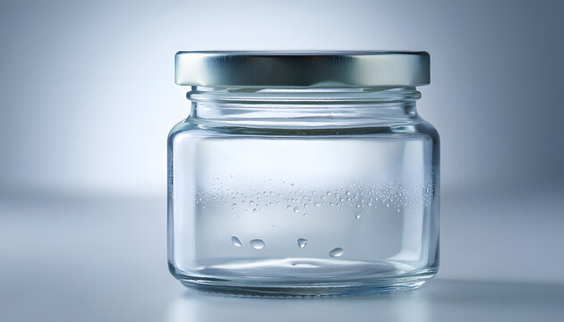 Studio shot of an empty transparent glass jar with a silver metal lid. Represents food preservation and zero-waste, ideal for sustainable storage and culinary packaging mockups