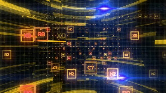 Digital data stream animation featuring glowing yellow code blocks floating through a deep blue cyberspace environment
