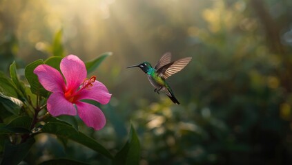 Fototapeta premium Hummingbird captured in motion by a bright pink flower in rainforest scene