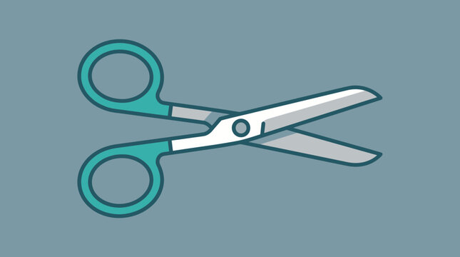 An illustration of a pair of scissors with teal handles and silver blades on a blue background.