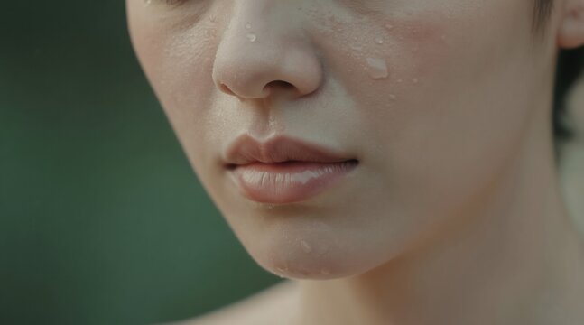 Close-up of serene woman face with water droplets on skin. Peaceful expression and closed eyes. Natural green background for beauty and wellness.