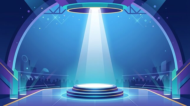 Futuristic virtual stage with bright central spotlight and audience