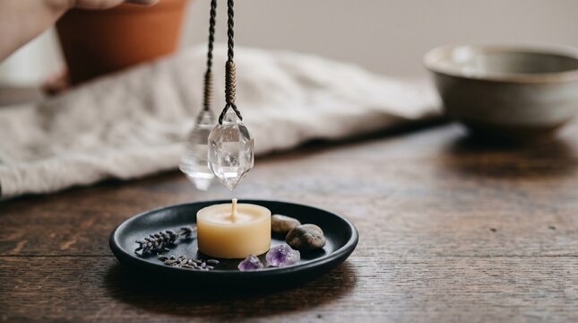 Crystal pendulum swinging over candle with stones on wooden table  