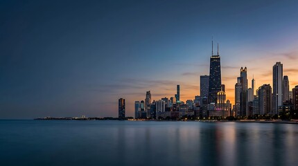 Fototapeta premium City skyline at dusk with sunset glow over the water