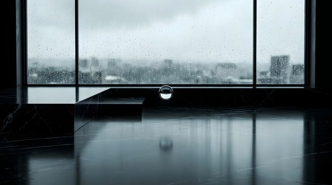Moody luxury minimalist interior with Nero Marquina black marble floor reflecting a rainy daylight cityscape through wet windows with lower copy space