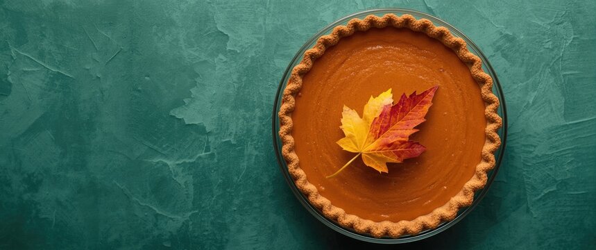 Pumpkin pie with autumn leaves on a green background