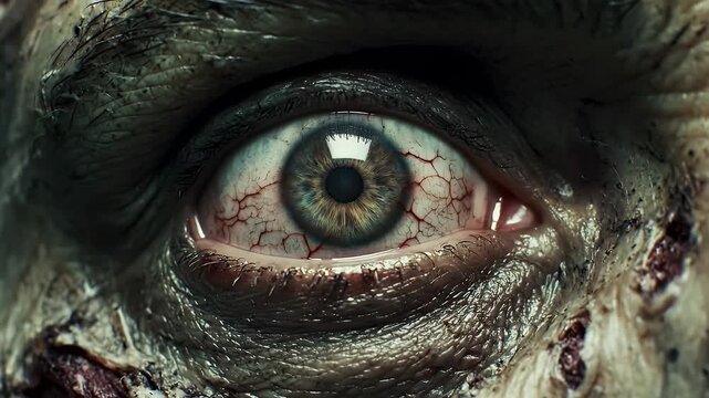 Extreme close up of a terrifying zombie eye with bloodshot veins and decaying skin texture for horror themes