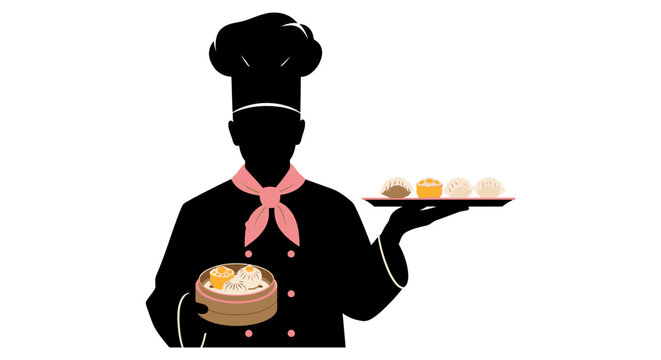 Chef holding dim sum and steamer black silhouette against white background