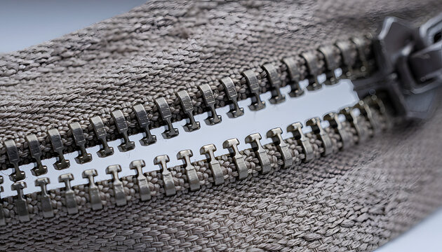 Extreme macro of a sturdy metal zipper on grey denim fabric. Symbolizes connection, security, and fashion details, highly effective for clothing brand lookbooks, tailoring, and apparel design