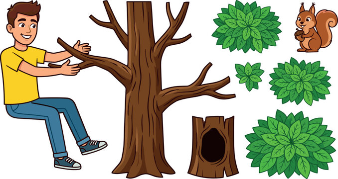 Tree Construction Vector Element Set with Man Sitting on Branch Cute Squirrel Hollow Trunk and Green Foliage Bushes for Kids Book Designs
