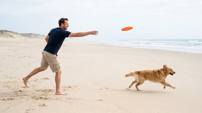 Man throwing frisbee for dog on sandy beach during daytime  