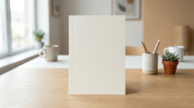 Blank invitation card on a wooden table with office supplies