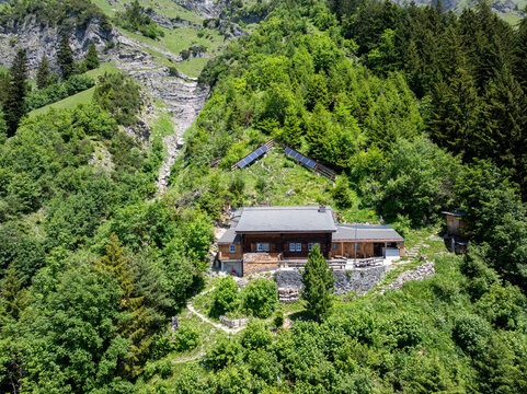 close-up aerial view of the Enderlin mountain hut in the Swiss Alps above Maienfeld