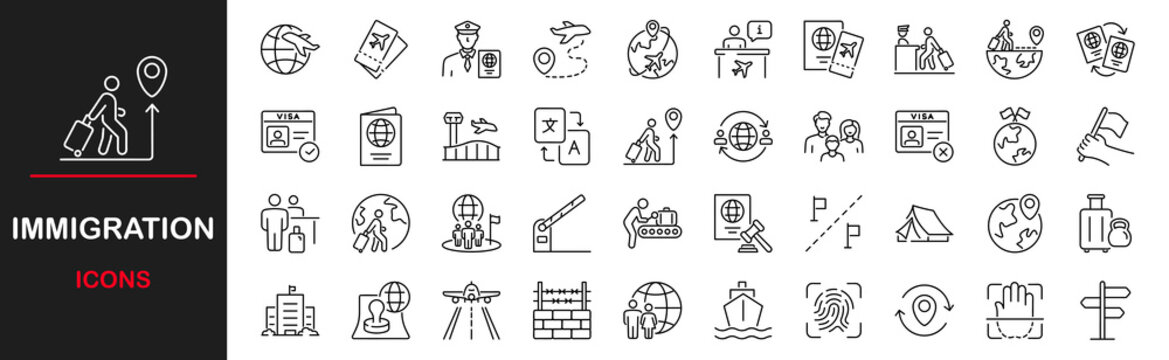 Immigration icon set. Contains such icons as visa, passport, migrant, customs officer, international flights, country, border crossing, airport, illegals, baggage examination, immigration and more