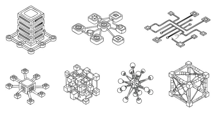 Isometric digital network icons of interconnected server racks, circuit boards, and data nodes, depicting modern computing and distributed systems for IT solutions, cybersecurity presentations, and